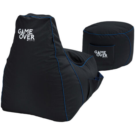 Pouf Gamer Game Over - Chaise De Jeu Ergonomique Avec Poches, Crochet Casque - Confortable, Rembourré Billes EPS - Design Cerulean Blitz