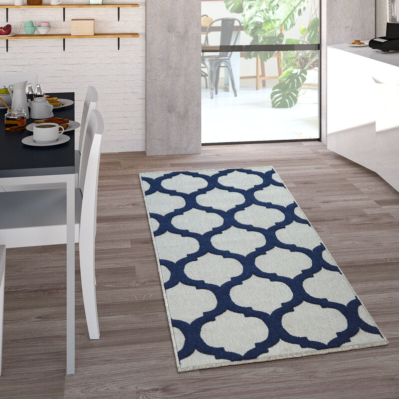 Paco Home Tappeto per interni ed esterni con tessuto piatto e design  marocchino a effetto 3D in bianco e blu 80x150 cm