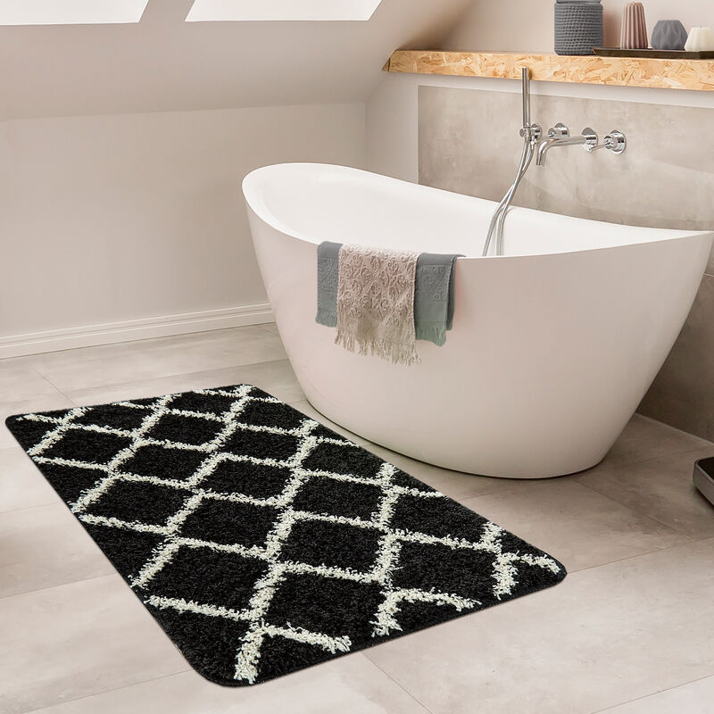 Paco Home Tappetino da bagno Motivo a rombi Tappeto da bagno Design Pelo  lungo Crema Nero 40x55 cm