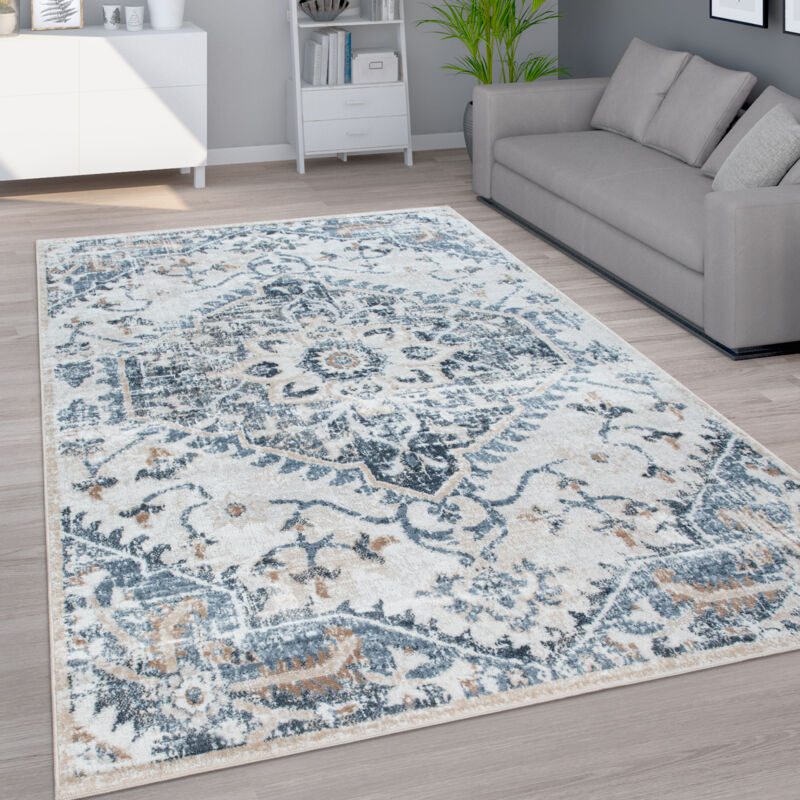 Paco Home Tappeto Salotto Pelo Corto, Motivo Orientale, Grigio Beige E Blu  60x100 cm