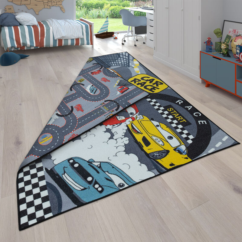 Paco Home Tappeto per bambini reversibile con design di strade e motivi di  auto in grigio 160x220 cm
