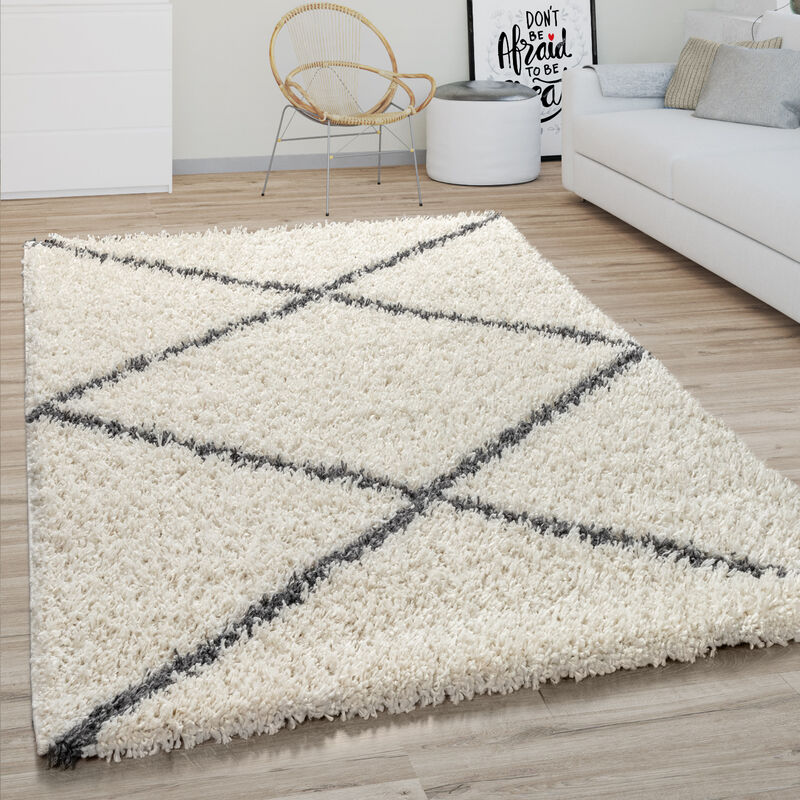 TAPISO Boho Tappeto Soggiorno Salotto Shaggy Morbido Frange Grigio Crema  Etnico Marocchino 200 x 300 cm