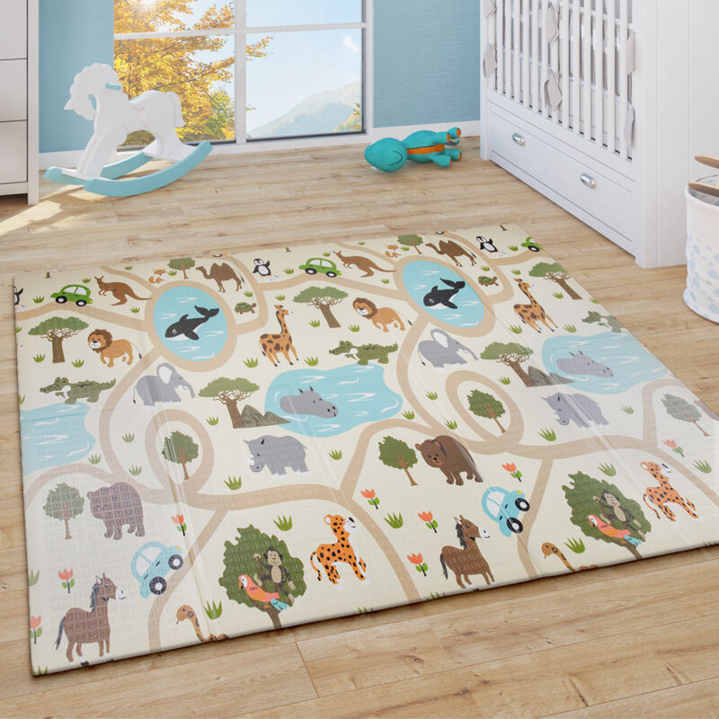 Paco Home Tappeto Da Gioco Pieghevole Motivo Animale Mappamondo Reversibile  Grigio Beige 150x200 cm