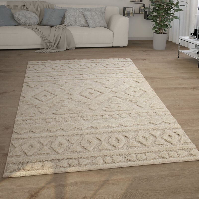 Paco Home Tappeto Salotto Pelo Lungo Shaggy Effetto 3D Etnico Boho Vintage  Morbido 120x160 cm, Crema 6