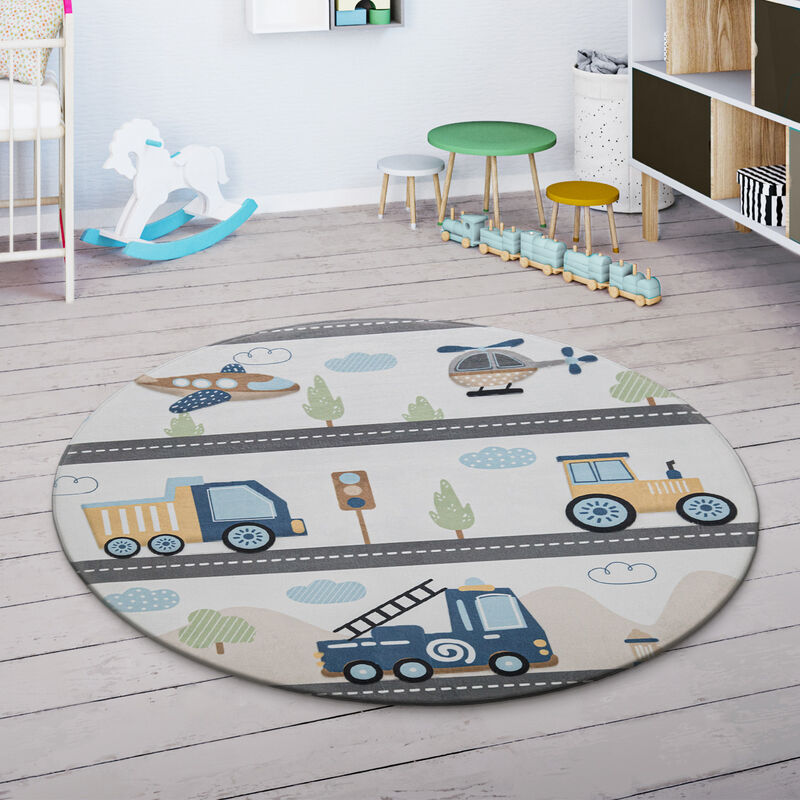 Paco Home Tappeto Bambini Cameretta Auto Bambini Strada Motivo Di Montagne  Nuvola Crema Blu 80 cm tondo