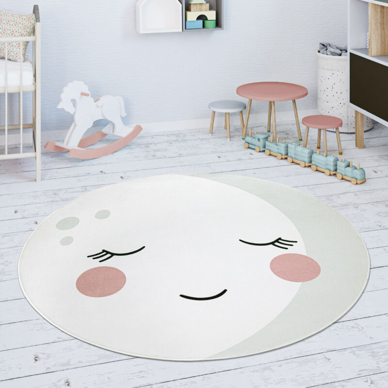 Paco Home Tappeto Bambini Cameretta Rotondo Da Gioco Bebè Motivo Luna Crema Bianco  80 cm tondo