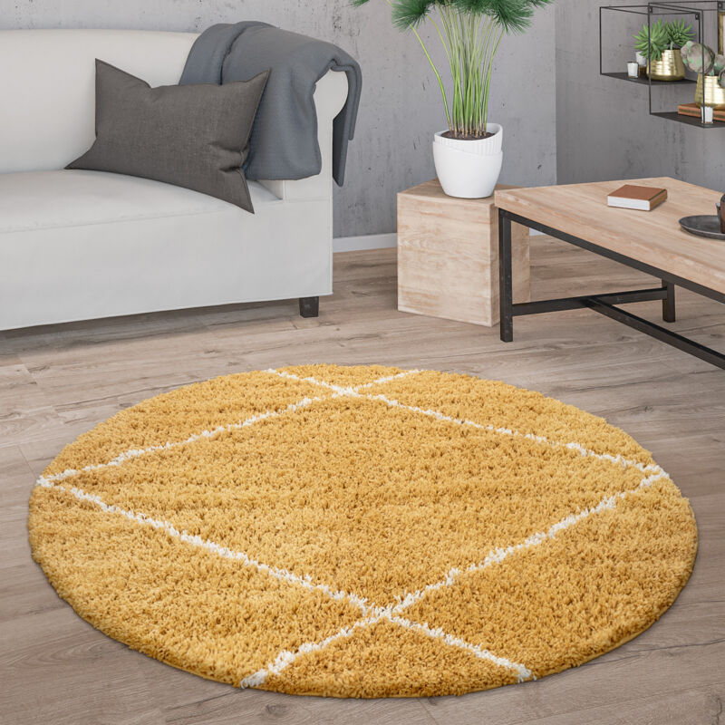 Paco Home Tappeto Salotto Pelo Lungo Rotondo Moderno Shaggy Pelo Lungo  Scandinavo Diamanti Giallo, Ø 120 cm tondo