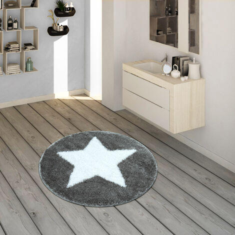 Paco Home Tappetino da bagno rotondo a pelo corto per la stanza da bagno  con motivo di stelle in grigio-bianco 60x60 cm