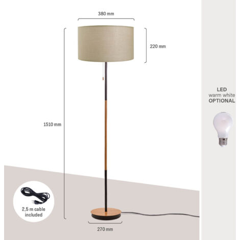 Paco Home Lampada Da Terra Soggiorno Scandi Paralume Tessuto Cavo Tessuto Interruttore E27  Nero (Ø38 cm),  Lampada terra bianco/legno + lampadina