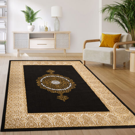 Paco Home Tappeto soggiorno camera da letto a pelo corto motivo astratto orientale vintage Nero Oro 80x300 cm
