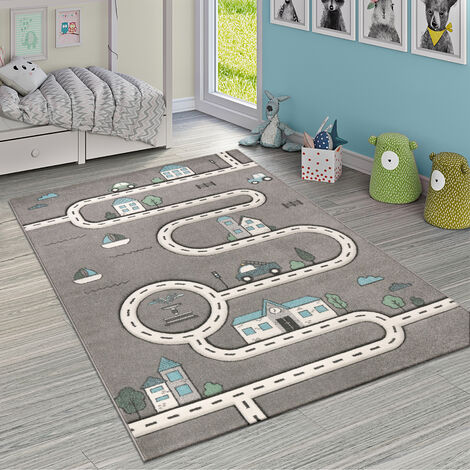 Paco Home Moderno tappeto per bambini da cameretta grigio con disegno di  strada, casa e auto, per l'apprendimento 80x150 cm