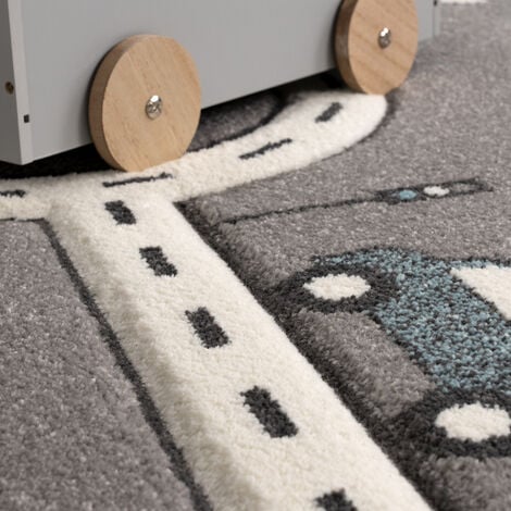 Paco Home Moderno tappeto per bambini da cameretta grigio con disegno di  strada, casa e auto