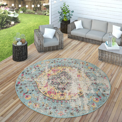 Paco Home Tappeto per interni e per esterni oriente pastello turchese rosa giallo Ø 160 cm tondo