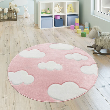 Paco Home Tappeto per Cameretta dei bambini Grazioso Colori pastello Motivo  con nuvole Pelo corto in Rosa e Bianco Ø 120 cm tondo