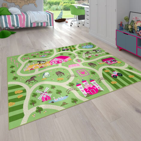 Paco Home Tappeto per bambini, Tappeto da gioco per camere dei bambini,  Paesaggio e cavalli, In verde 80x150 cm