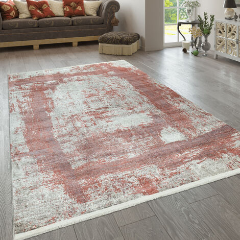 Paco Home Tappeto a pelo corto rosso e beige per il soggiorno con design a quadri astratto e used look con rettangoli 80x150 cm (1/5)