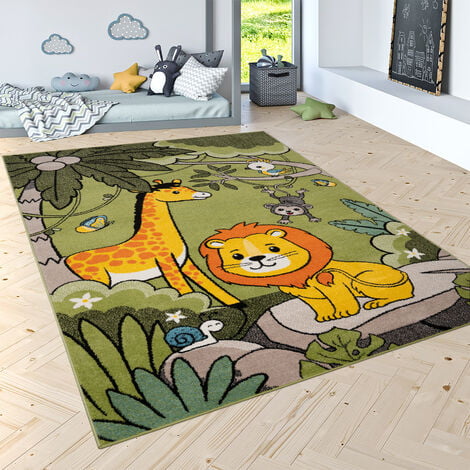 Paco Home Tappeto per bambini pelo corto giungla con animali verde 80x150 cm