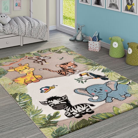 Paco Home Tappeto per bambini, giungla con animali, beige e crema 80x150 cm