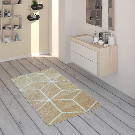 Paco Home Tappetino da bagno a pelo corto per stanza da bagno con motivo di rombi in beige-Bianco 50x80 cm