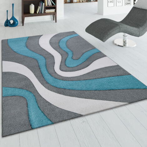 Paco Home Tappeto Di Design Motivo Ondulato Orlo Lavorato A Mano Colori Grigio Turchese Bianco 200x290 cm