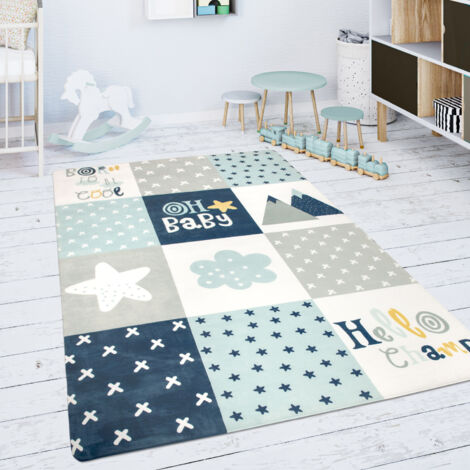 Paco Home Tappeto Bambini Cameretta Da Gioco Bebè Diamanti Stelle Grigio Blu Bianco 120x160 cm