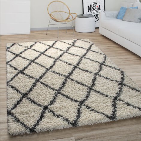 Paco Home Tappeto Salotto Pelo Lungo Shaggy Moderno Boho Scandinavo Motivo Diamante 60x100 cm, Crema 4 (1/5)