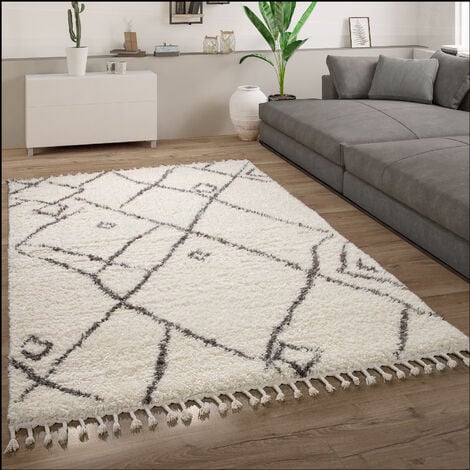 SURYA Tappeto Salotto a Pelo Lungo Soggiorno Shaggy Bohemien Bianco e Ocra  160 x 220 cm