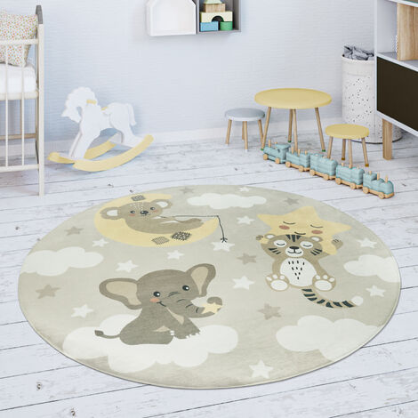 Paco Home Tappeto Bambini Cameretta Da Gioco Bebè Stella Nuvola Luna Beige  Bianco 80 cm tondo