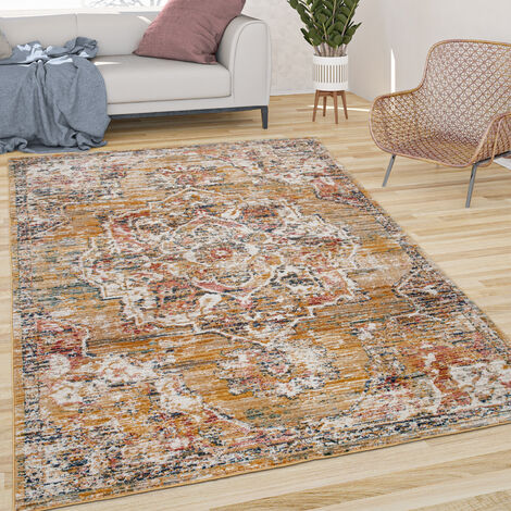 Paco Home Tappeto Salotto Pelo Corto Vintage Pastello Orientale Bordura Giallo Beige 120x170 cm