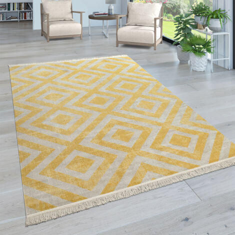 Paco Home Tappeto Per Esterno Terrazzo Balcone Tappeto Cucina Moderno Rombi Design Con Frange Ø 160 cm tondo, Giallo-Bianco