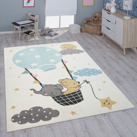 Paco Home Tappeto a pelo corto per la camera dei bambini, con elefante,  orso, palloncino e luna, in beige 80x150 cm