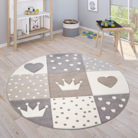 Paco Home Tappeto Bambini Cameretta Pastello 3D Polkadot Cuore Beige Marrone Ø 160 cm tondo
