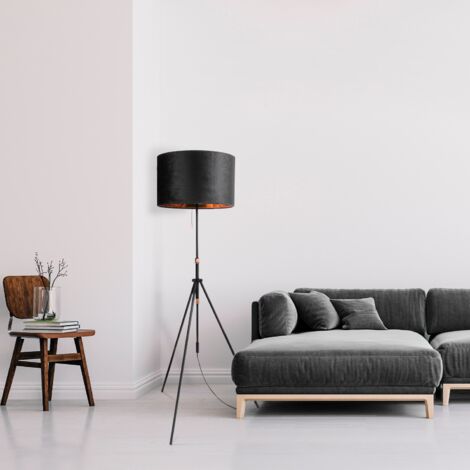 Paco Home Sospensione Lampada Da Terra Treppiede Salotto Paralume Velour Monocolore E27 Nero Oro (Ø45.5 cm), Lampada da terra Tipo 2 - Nero