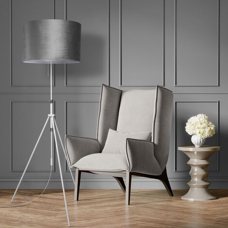Paco Home Sospensione Lampada Da Terra Treppiede Salotto Paralume Velour Monocolore E27 Grigio Bianca (Ø45,5 cm), Lampada da terra-Bianca - Tipo 2