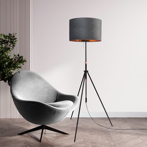 Paco Home Sospensione Lampada Da Terra Treppiede Salotto Paralume Velour Monocolore E27 Antracite Oro (Ø45.5 cm), Lampada da terra Tipo 2 - Nero