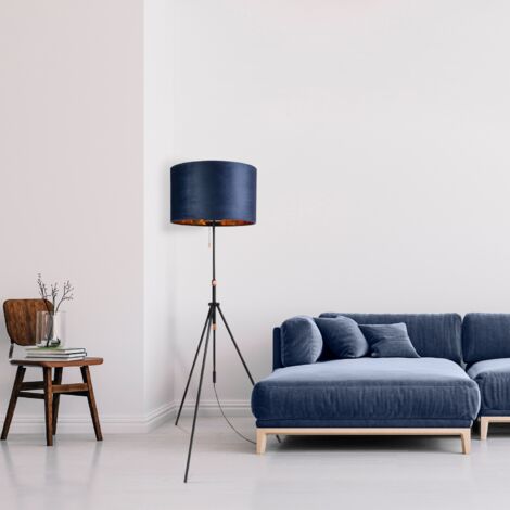 Paco Home Sospensione Lampada Da Terra Treppiede Salotto Paralume Velour Monocolore E27 Blu Oro (Ø45,5 cm), Lampada da terra Tipo 2 - Nero