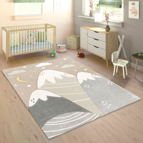 Paco Home Tappeto Tondo Per Cameretta 200 Cm - Motivo Montagne Con Nuvole E Stelle - Blu, Crema, Grigio