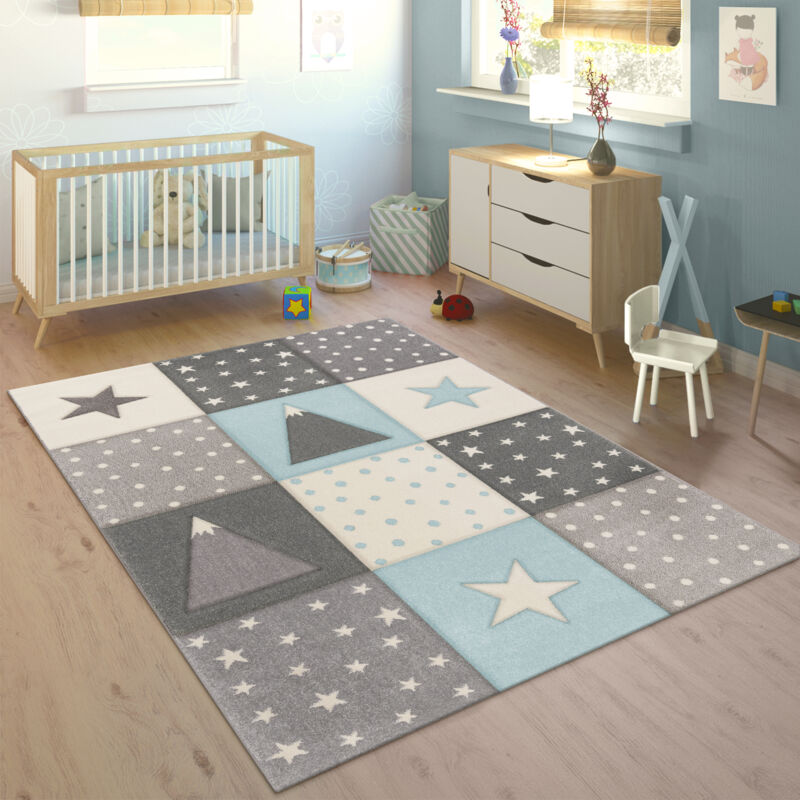 Paco Home Alfombra Infantil Pastel Cuadros Puntos Corazones Estrellas Blanco Gris Azul 80x150 cm