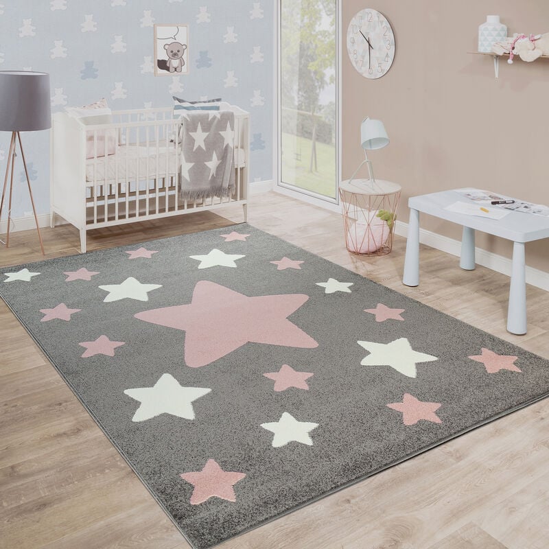 Paco Home Alfombra Habitación Infantil Estrellas Grandes Y Pequeñas En Gris Y Rosa 80x150 cm