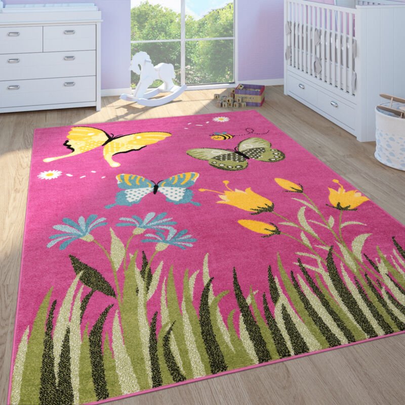 Paco Home Alfombra De Juego Habitación Infantil Niña Pelo Corto Mariposas En Rosa 80x150 cm