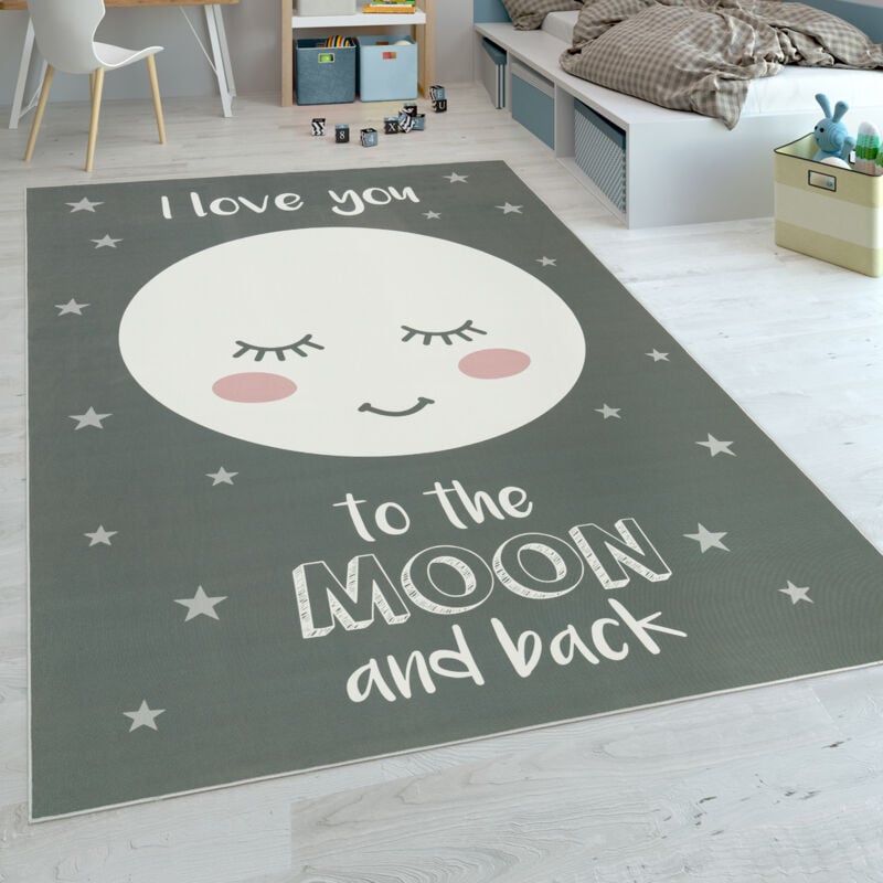 Paco Home Alfombra Habitación Infantil Niña Lavable Estrellas Luna Adorable Frase Gris 80x150 cm