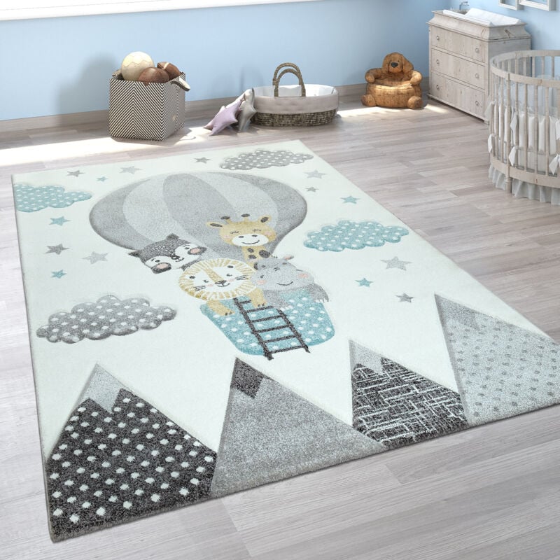 Paco Home Alfombra infantil adorable globo nubes animales alegres pastel en crema 80x150 cm tamaño80x150