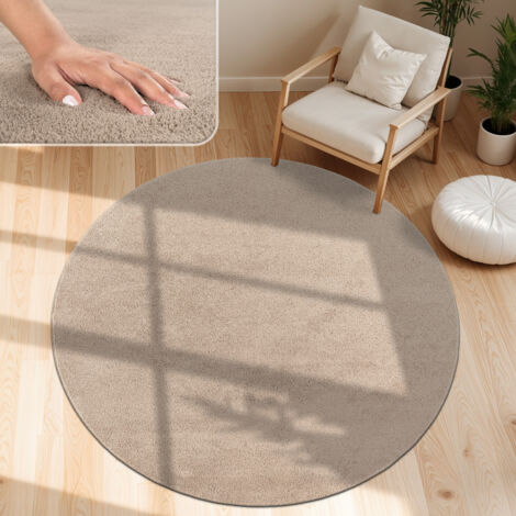 Paco Home Alfombra Moderna para Salón a Pelo Corto Lavable Suave Uni Efecto Piel Antideslizante Taupe, Ø 200 cm redon