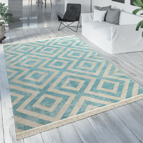 Paco Home Alfombra Exterior Azul Blanca Balcón Terraza Motivo Rombos Diseño Escandinavo Ø 200 cm redondo