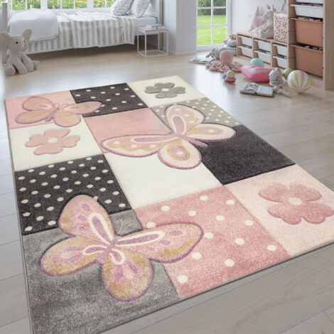 Paco Home Alfombra Infantil Pastel Mariposas Motivo Cuadros Lunares Flores Colorida 120x170 cm