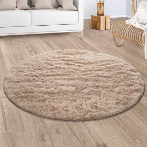 Paco Home Alfombra Salón Pelo Largo Shaggy Piel Sintética Mullida Beige Ø 200 cm redondo
