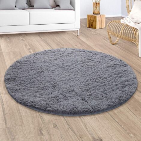 Paco Home Alfombra Salón Pelo Largo Shaggy Piel Sintética Mullida Gris Ø 120 cm redondo