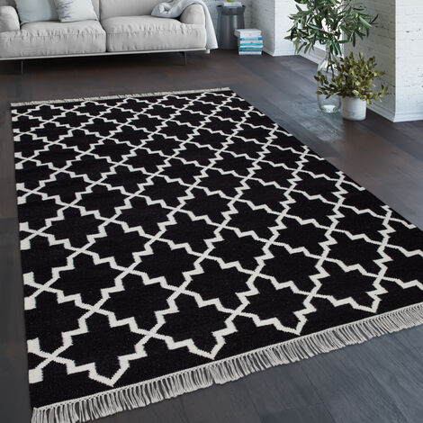 Paco Home Alfombra Salón Motivo Marroquí Flecos Tejida A Mano Lana Negro 160x230 cm