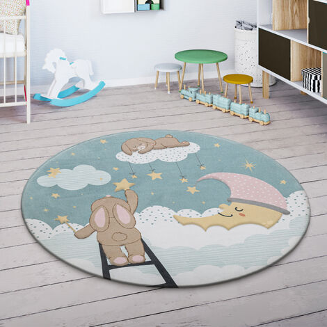 Paco Home Alfombra Infantil Habitacion Niño Con Estrellas Nube Luna Hare  Turquesa Crema 80 cm redon