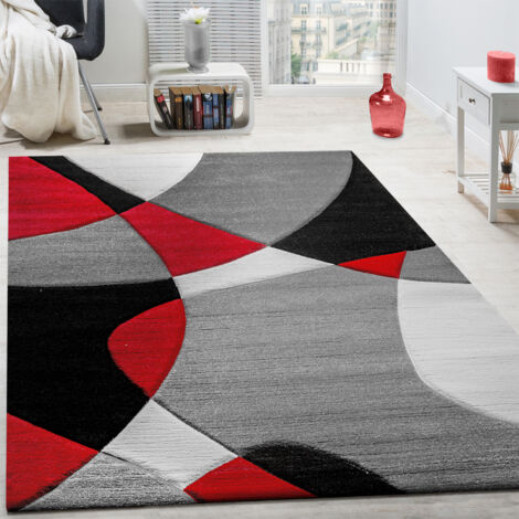 Paco Home Alfombra De Diseño Moderna Estampado Geométrico Contorneada En Rojo Negro Gris 80x300 cm
